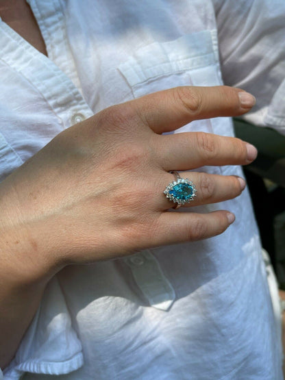 HarlemBling Solid 925 Sterling Silver Pear Shaped Blue Aquamarine and Diamond Cocktail Ring
