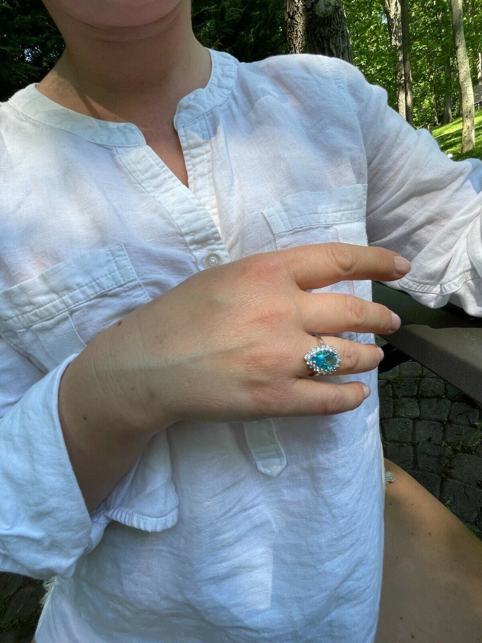 HarlemBling Solid 925 Sterling Silver Pear Shaped Blue Aquamarine and Diamond Cocktail Ring