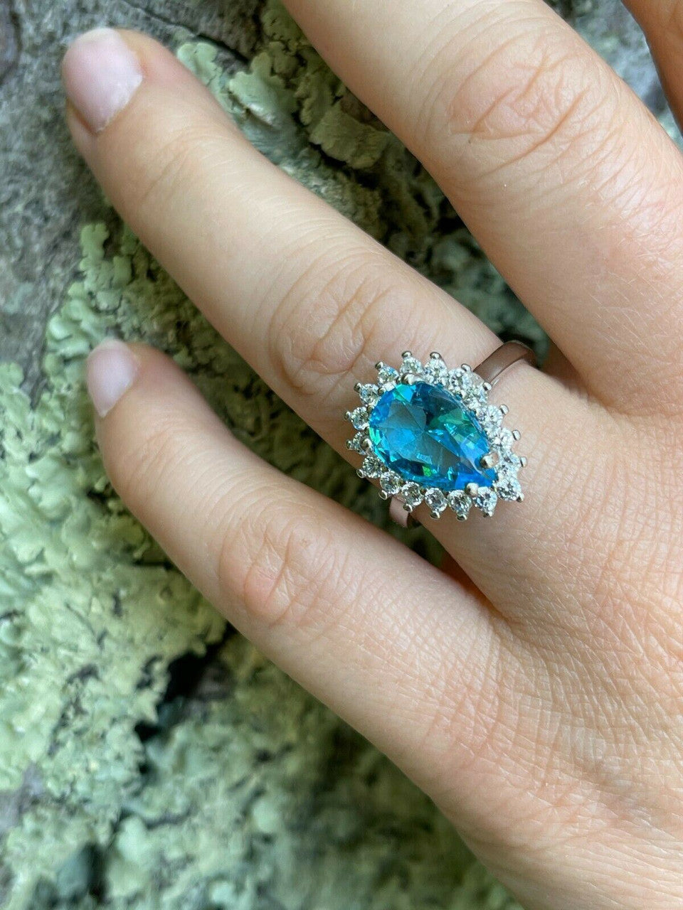 HarlemBling Solid 925 Sterling Silver Pear Shaped Blue Aquamarine and Diamond Cocktail Ring