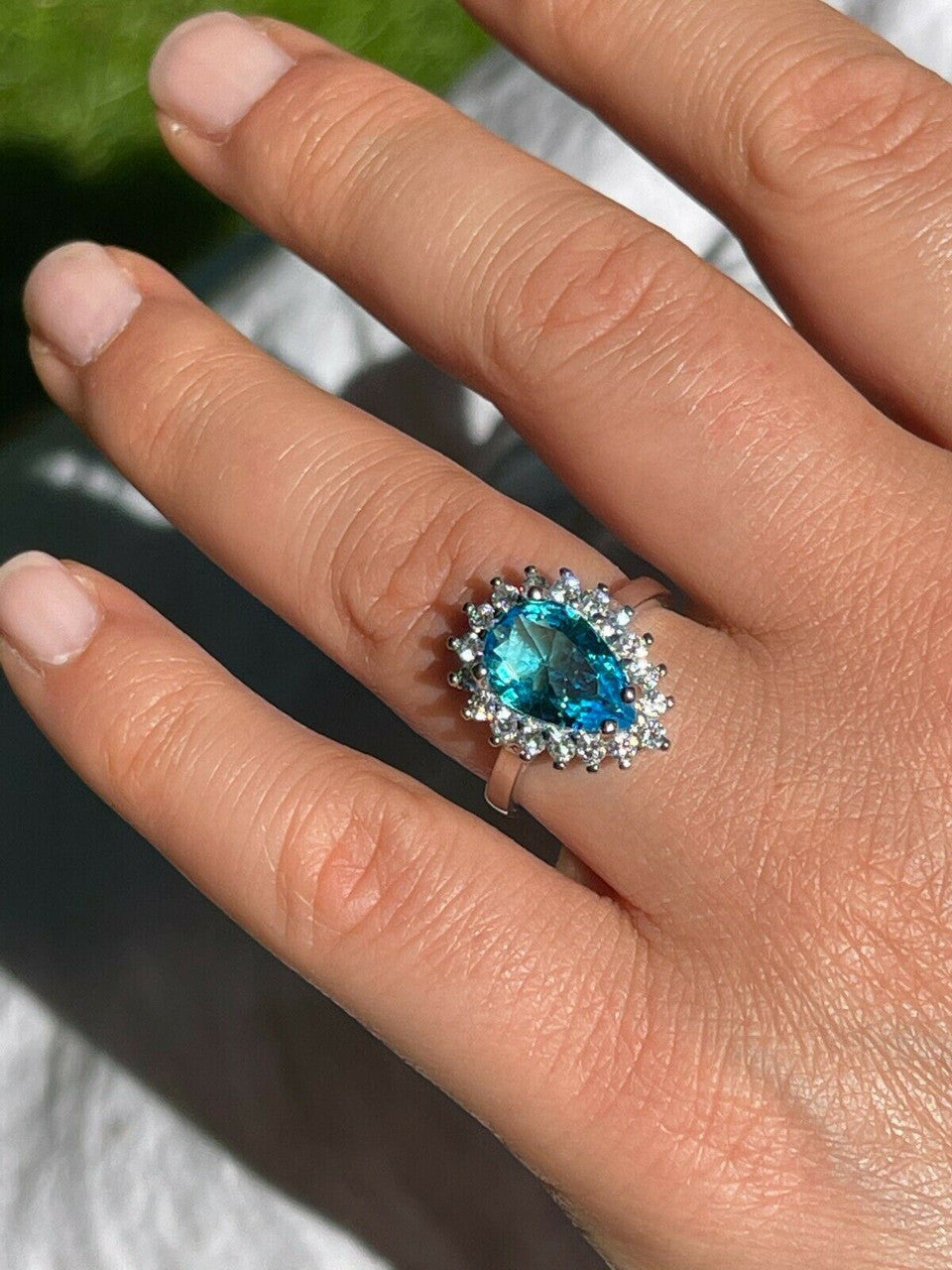HarlemBling Solid 925 Sterling Silver Pear Shaped Blue Aquamarine and Diamond Cocktail Ring