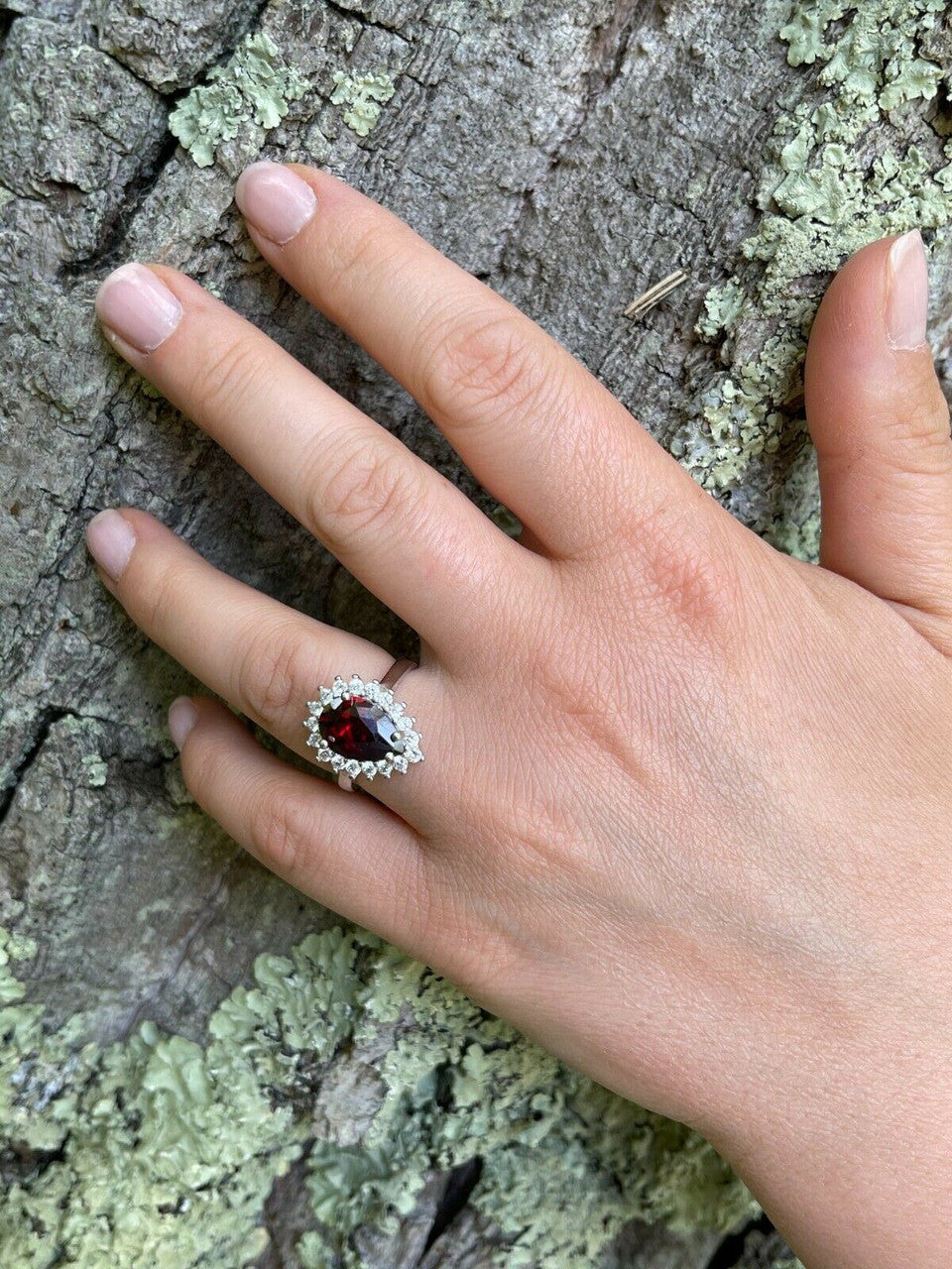 HarlemBling Solid 925 Sterling Silver Pear Shaped Red Ruby and Diamond Promise Cocktail Ring