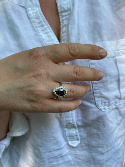 HarlemBling Solid 925 Sterling Silver Pear Shaped Red Ruby and Diamond Promise Cocktail Ring