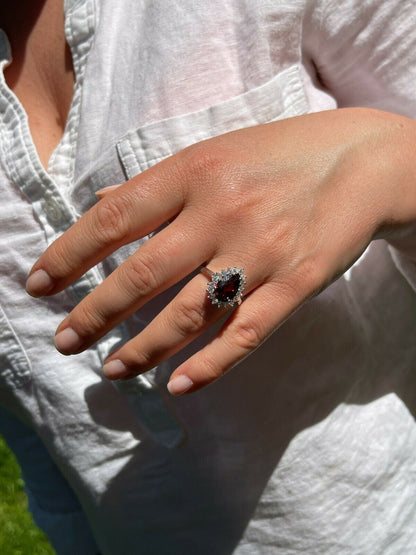 HarlemBling Solid 925 Sterling Silver Pear Shaped Red Ruby and Diamond Promise Cocktail Ring
