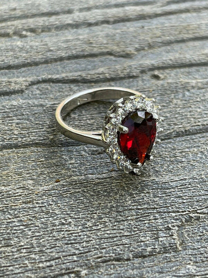 HarlemBling Solid 925 Sterling Silver Pear Shaped Red Ruby and Diamond Promise Cocktail Ring