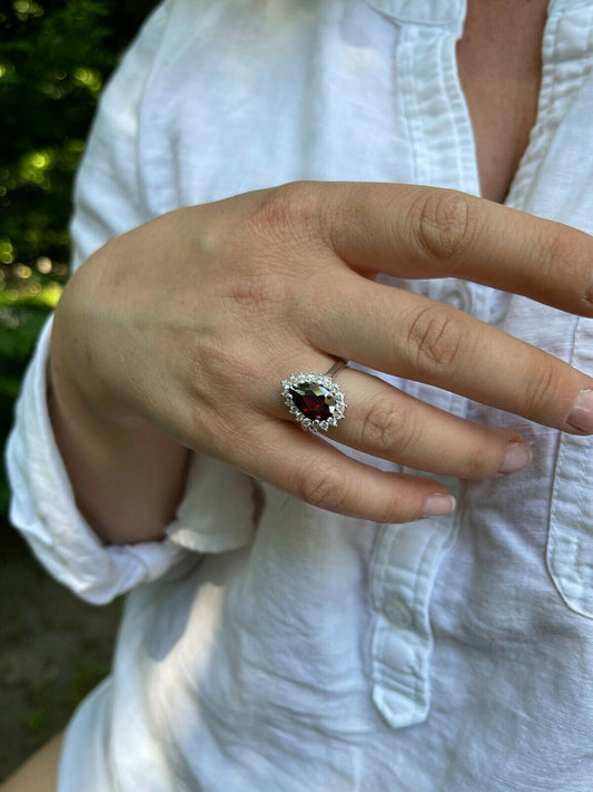 HarlemBling Solid 925 Sterling Silver Pear Shaped Red Ruby and Diamond Promise Cocktail Ring