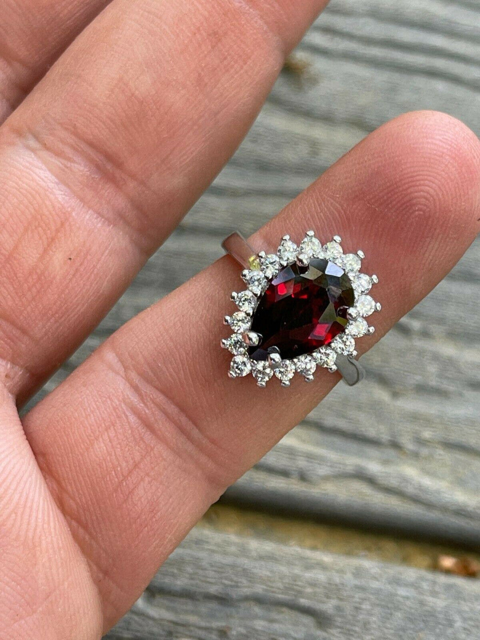 HarlemBling Solid 925 Sterling Silver Pear Shaped Red Ruby and Diamond Promise Cocktail Ring
