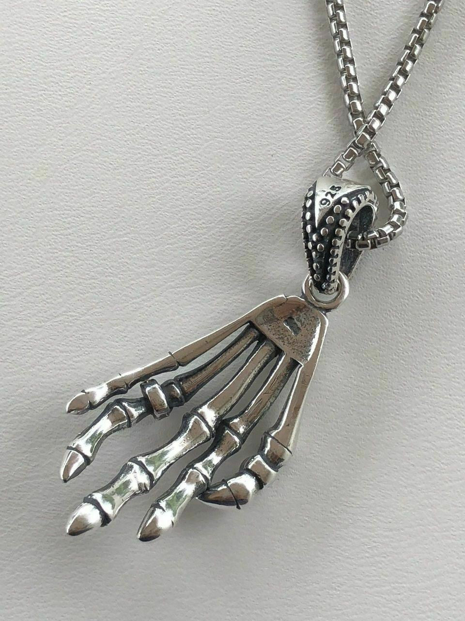 HarlemBling Solid 925 Sterling Silver Skeleton Hand Skull Mens Biker Goth Pendant 22 Chain
