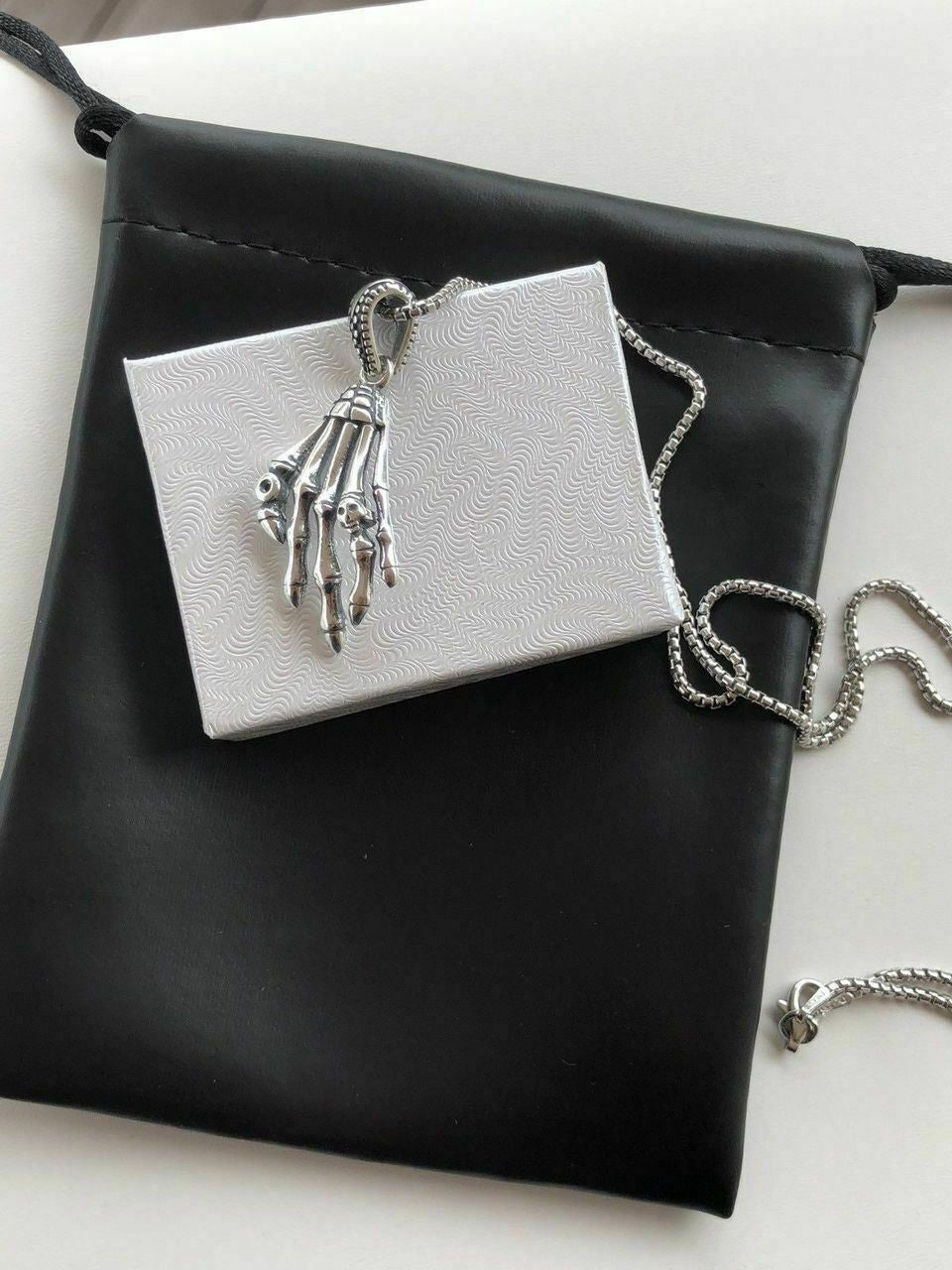 Solid 925 Sterling Silver Skeleton Hand Skull Mens Biker Goth