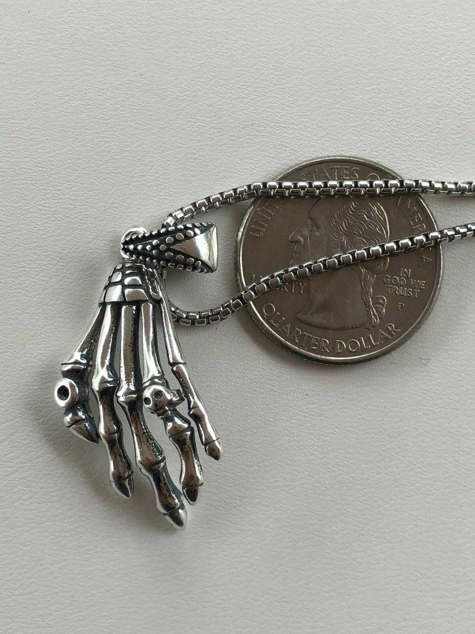 HarlemBling Solid 925 Sterling Silver Skeleton Hand Skull Mens Biker Goth Pendant 22 Chain