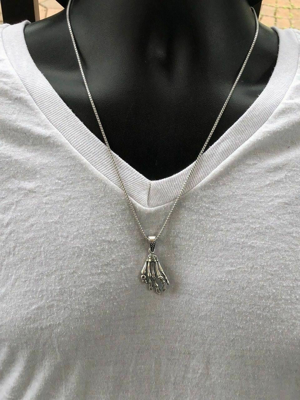 HarlemBling Solid 925 Sterling Silver Skeleton Hand Skull Mens Biker Goth Pendant 22 Chain