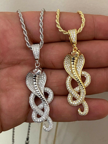 HarlemBling Solid 925 Sterling Silver Snake King Cobra Pendant Necklace Iced Gold Hip Hop