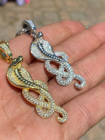 HarlemBling Solid 925 Sterling Silver Snake King Cobra Pendant Necklace Iced Gold Hip Hop