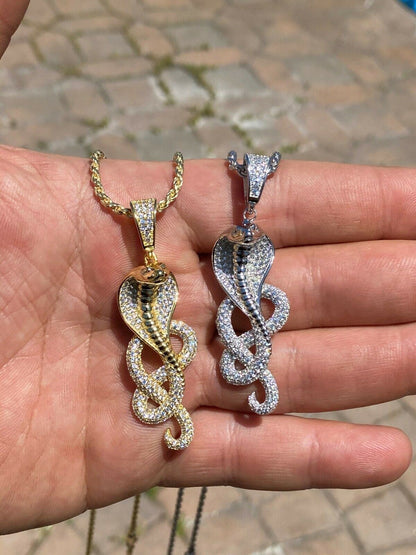 HarlemBling Solid 925 Sterling Silver Snake King Cobra Pendant Necklace Iced Gold Hip Hop
