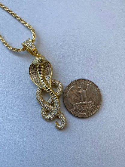 HarlemBling Solid 925 Sterling Silver Snake King Cobra Pendant Necklace Iced Gold Hip Hop
