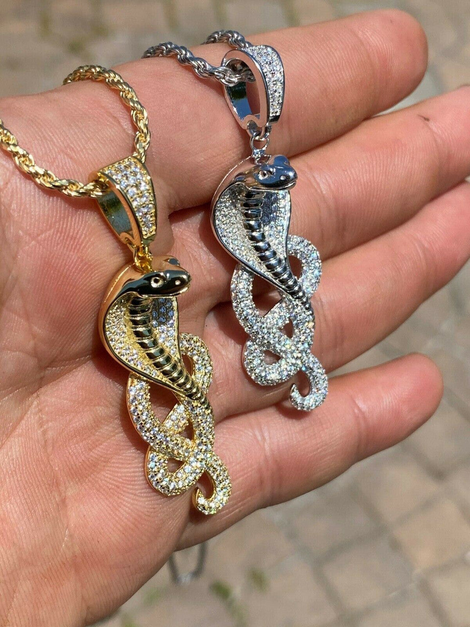 HarlemBling Solid 925 Sterling Silver Snake King Cobra Pendant Necklace Iced Gold Hip Hop
