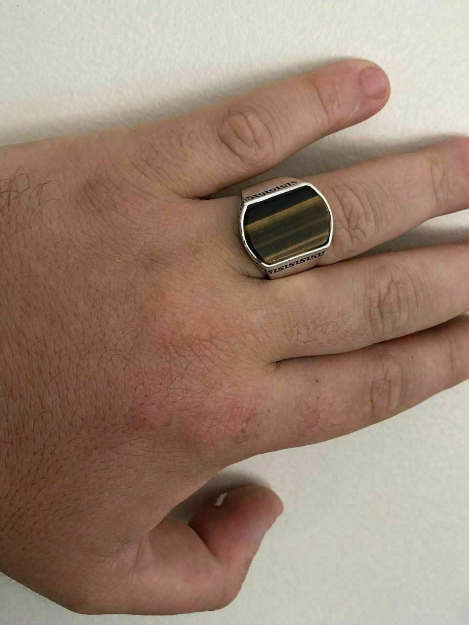 HarlemBling Solid 925 Sterling Silver Tigers Eye Mens Signet Ring Size 7 8 9 10 11 12 13