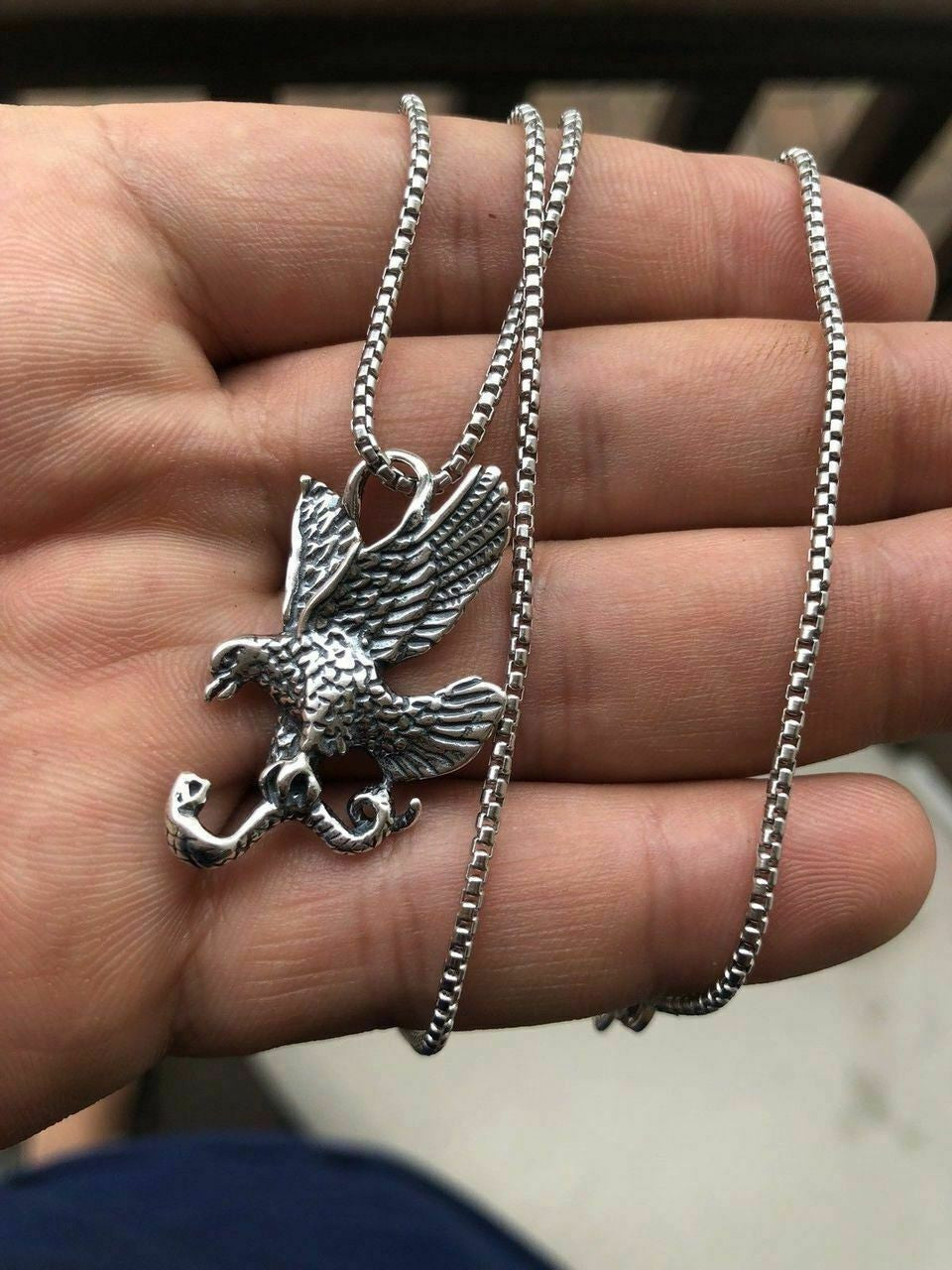 HarlemBling Solid 925 Sterling Silver USA American Eagle Mens Pendant W 22 Chain