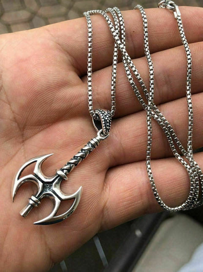 HarlemBling Solid 925 Sterling Silver Viking Battle Ax Mens Gothic Pendant W 22 Chain