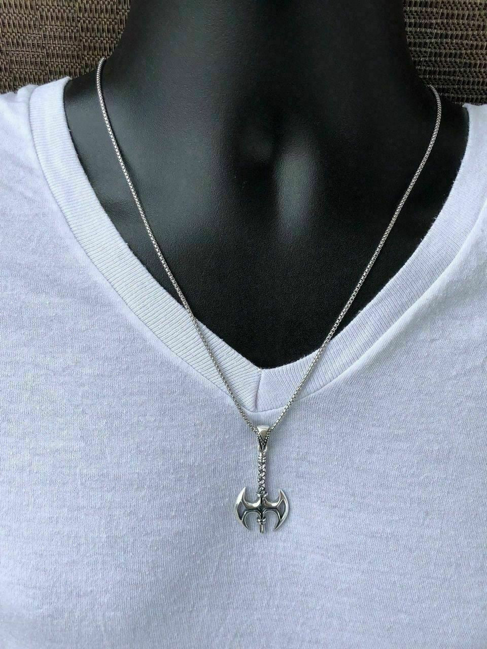 HarlemBling Solid 925 Sterling Silver Viking Battle Ax Mens Gothic Pendant W 22 Chain