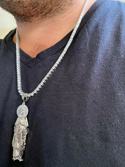 HarlemBling Solid 925 Sterling Silver - Virgin Mary Pendant Iced Necklace Virgin Guadalupe