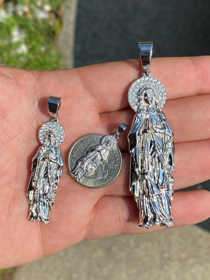 HarlemBling Solid 925 Sterling Silver - Virgin Mary Pendant Iced Necklace Virgin Guadalupe