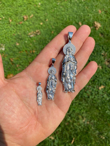 HarlemBling Solid 925 Sterling Silver - Virgin Mary Pendant Iced Necklace Virgin Guadalupe