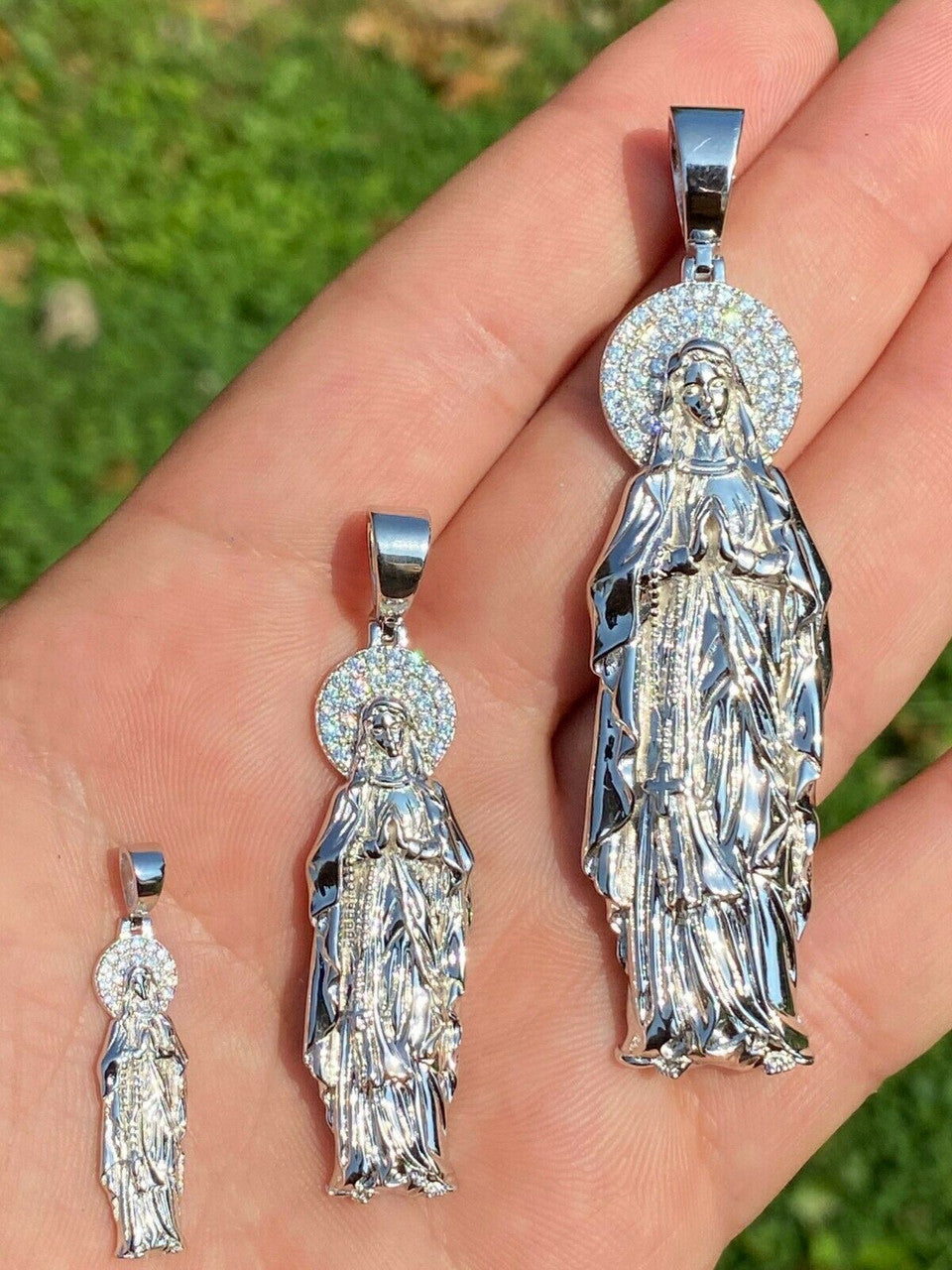 HarlemBling Solid 925 Sterling Silver - Virgin Mary Pendant Iced Necklace Virgin Guadalupe