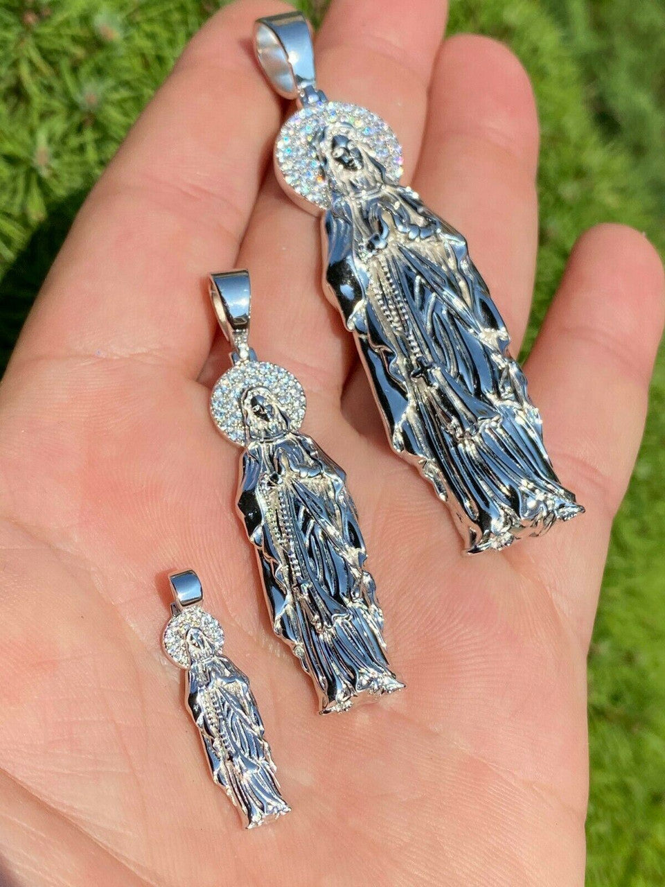 HarlemBling Solid 925 Sterling Silver - Virgin Mary Pendant Iced Necklace Virgin Guadalupe