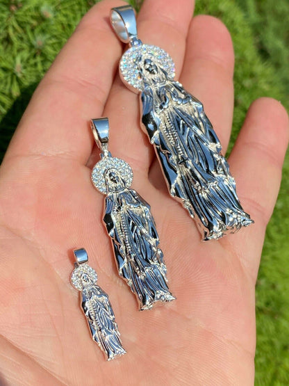 HarlemBling Solid 925 Sterling Silver - Virgin Mary Pendant Iced Necklace Virgin Guadalupe
