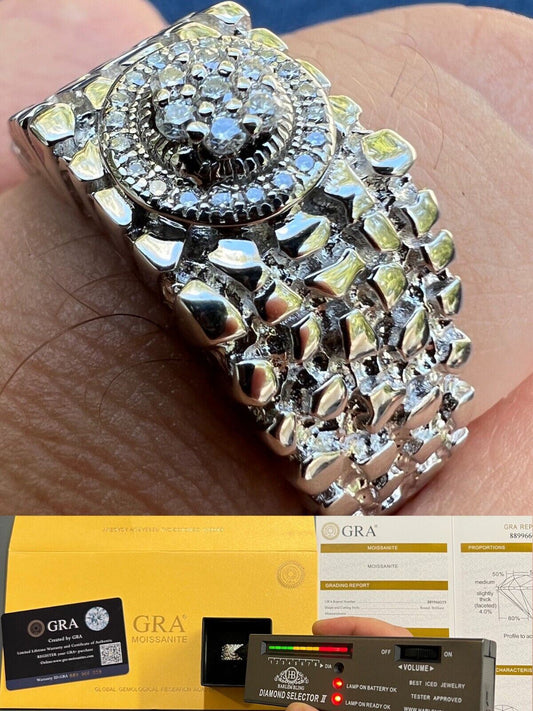 HarlemBling Solid Mens MOISSANITE Nugget Ring Real 925 Silver Iced Pinky Pass Diamond Test
