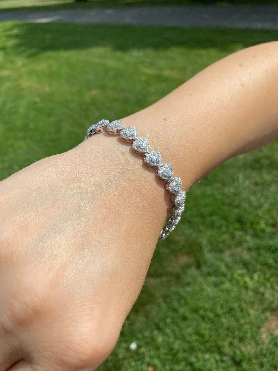 HarlemBling SOLID Real 925 Silver Ladies Iced Heart Link Bracelet Gold Rose Finish Diamond