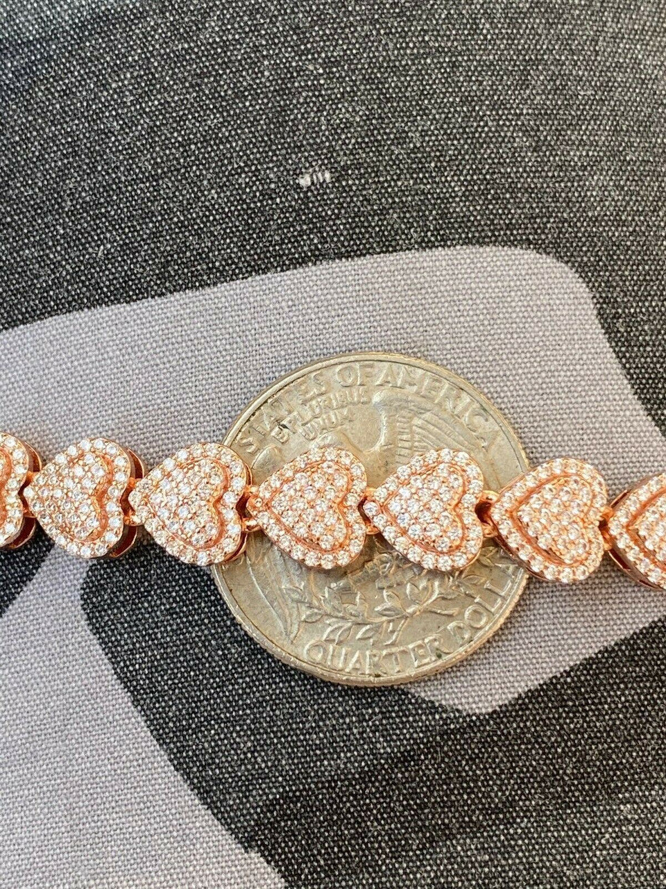 HarlemBling SOLID Real 925 Silver Ladies Iced Heart Link Bracelet Gold Rose Finish Diamond