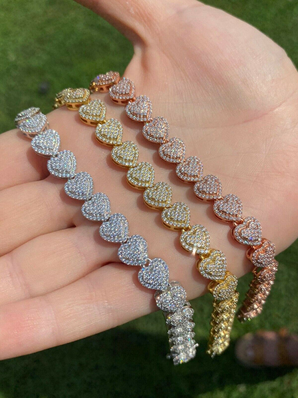 HarlemBling SOLID Real 925 Silver Ladies Iced Heart Link Bracelet Gold Rose Finish Diamond