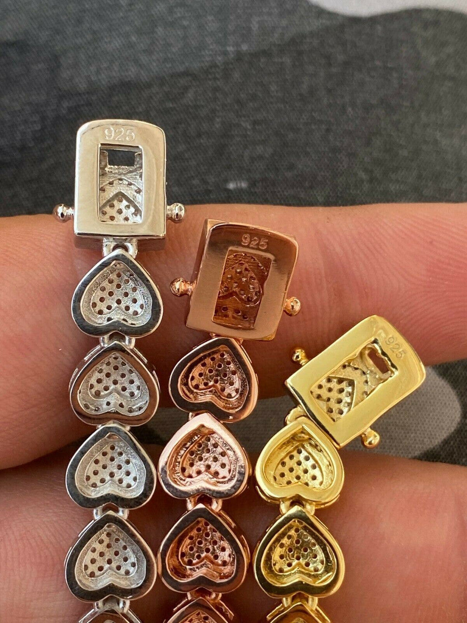 HarlemBling SOLID Real 925 Silver Ladies Iced Heart Link Bracelet Gold Rose Finish Diamond