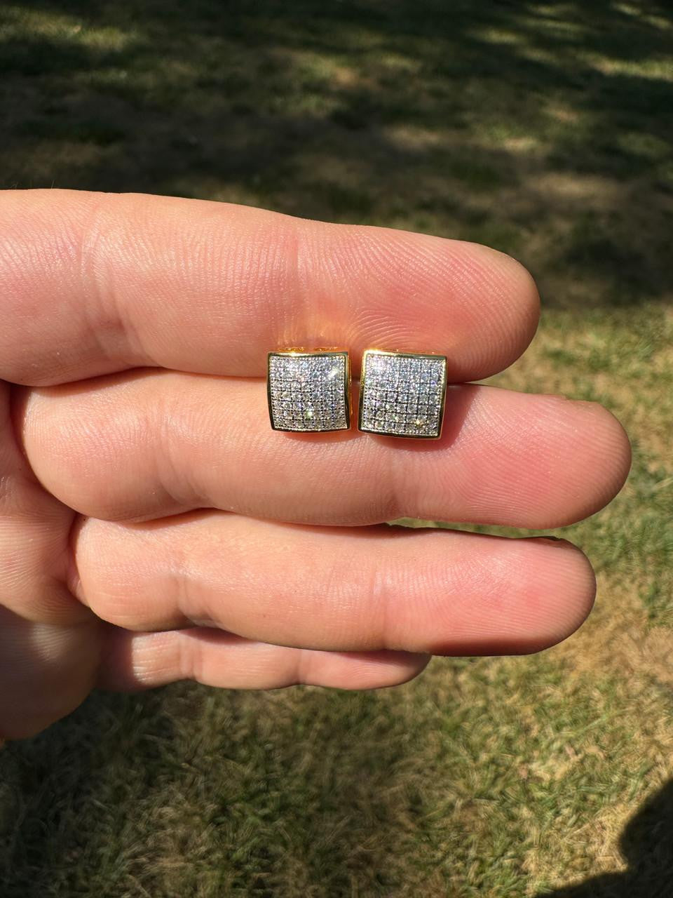 HarlemBling Square Dome Hip Hop Earrings - 14k Gold Vermeil 925 Silver - CZ Stones - 9mm