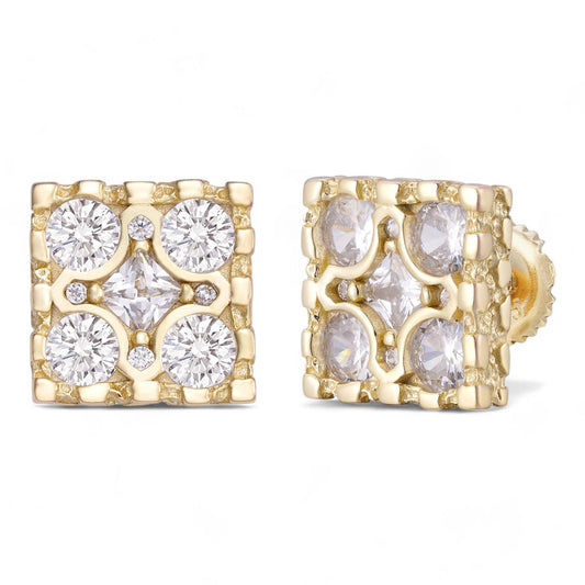 HarlemBling Square Gold Nugget Iced Out Earrings - 14k Gold Vermeil 925 Silver - CZ Stones - 10.5mm
