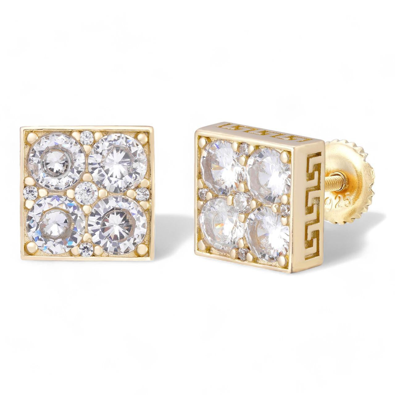 HarlemBling Square Greek Key Iced Out Earrings - 14k Gold Vermeil 925 Silver - CZ Stones - 9mm