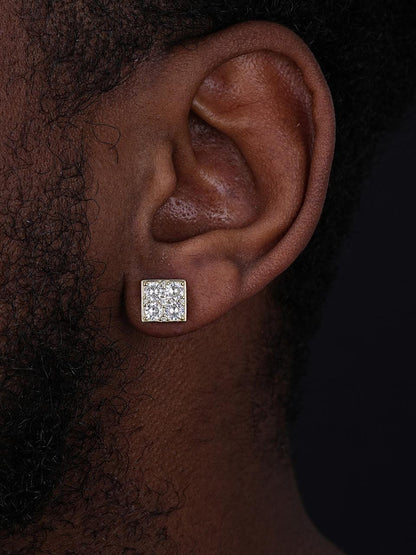 HarlemBling Square Greek Key Iced Out Earrings - 14k Gold Vermeil 925 Silver - CZ Stones - 9mm