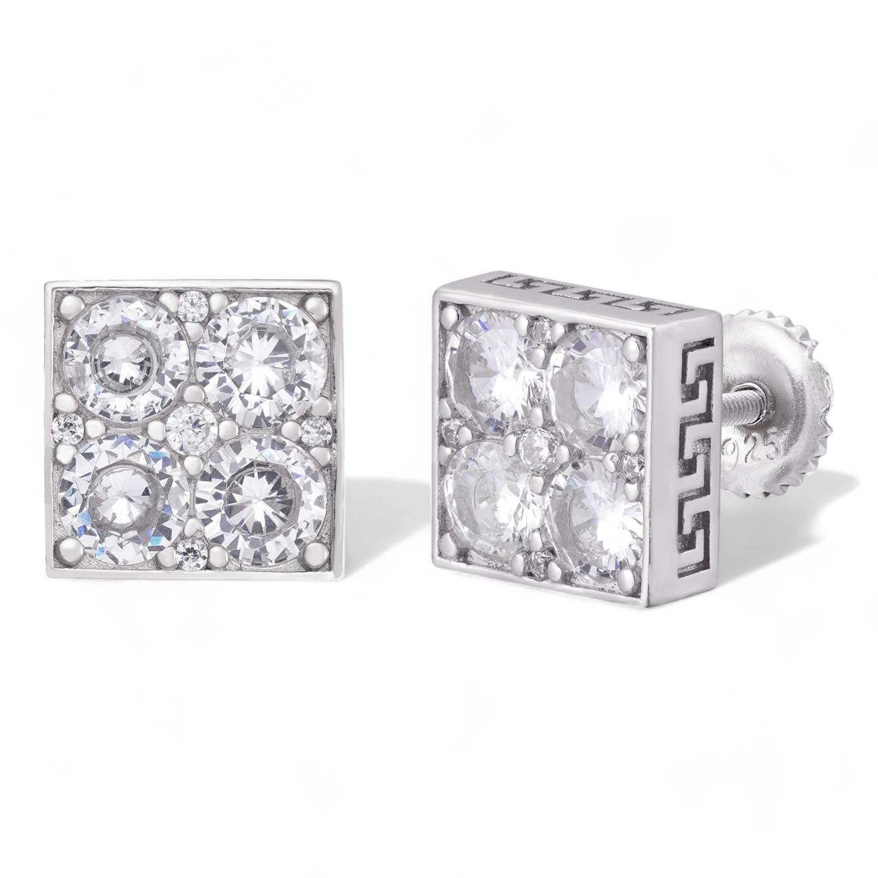 HarlemBling Square Greek Key Iced Out Earrings - 925 Silver - CZ Stones - 9mm