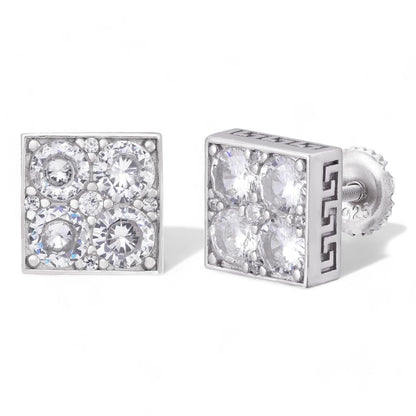 HarlemBling Square Greek Key Iced Out Earrings - 925 Silver - CZ Stones - 9mm