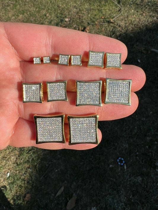 HarlemBling Square Kite Earrings Iced Diamond Hip Hop Mens Ladies 4mm-18mm 14k Gold Vermeil