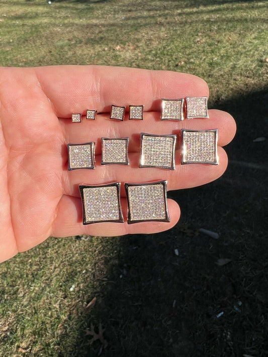 HarlemBling Square Kite Earrings Iced Diamond Hip Hop Mens Ladies Real 14k Rose Gold Vermeil