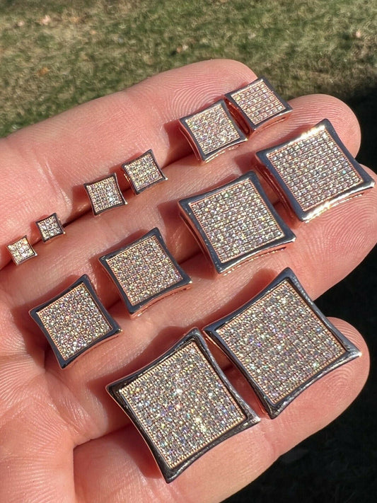 HarlemBling Square Kite Earrings Iced Diamond Hip Hop Mens Ladies Real 14k Rose Gold Vermeil