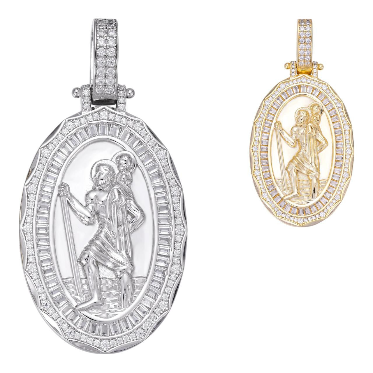HarlemBling St Christopher Iced Baguette Medallion Pendant - 14k Gold Vermeil Or 925 Silver - CZ Stones - Medium 2.25"