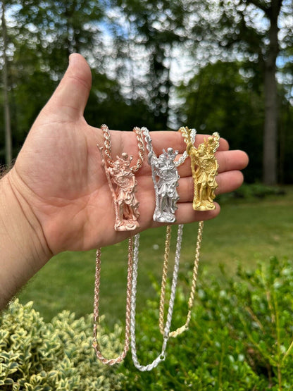 HarlemBling St Christopher Real 925 Silver / 14k Yellow Rose Gold Heavy 3D Pendant Necklace