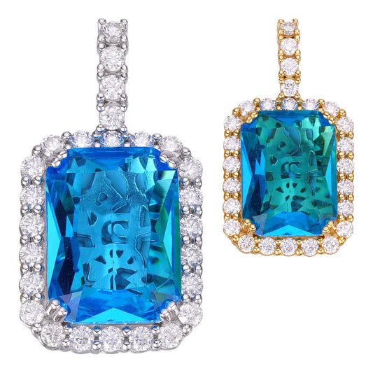HarlemBling Stimulated Blue Diamond Pendant - 14k Gold Vermeil Or 925 Silver - CZ Stones - Small 1.5"