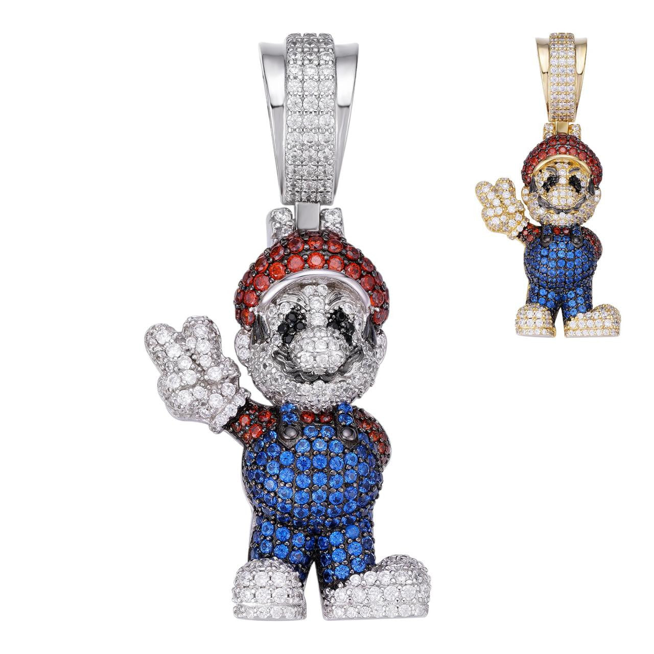 HarlemBling Super Mario Bros Iced Out Pendant - 14k Gold Vermeil Or 925 Silver - CZ Stones - Medium 2"