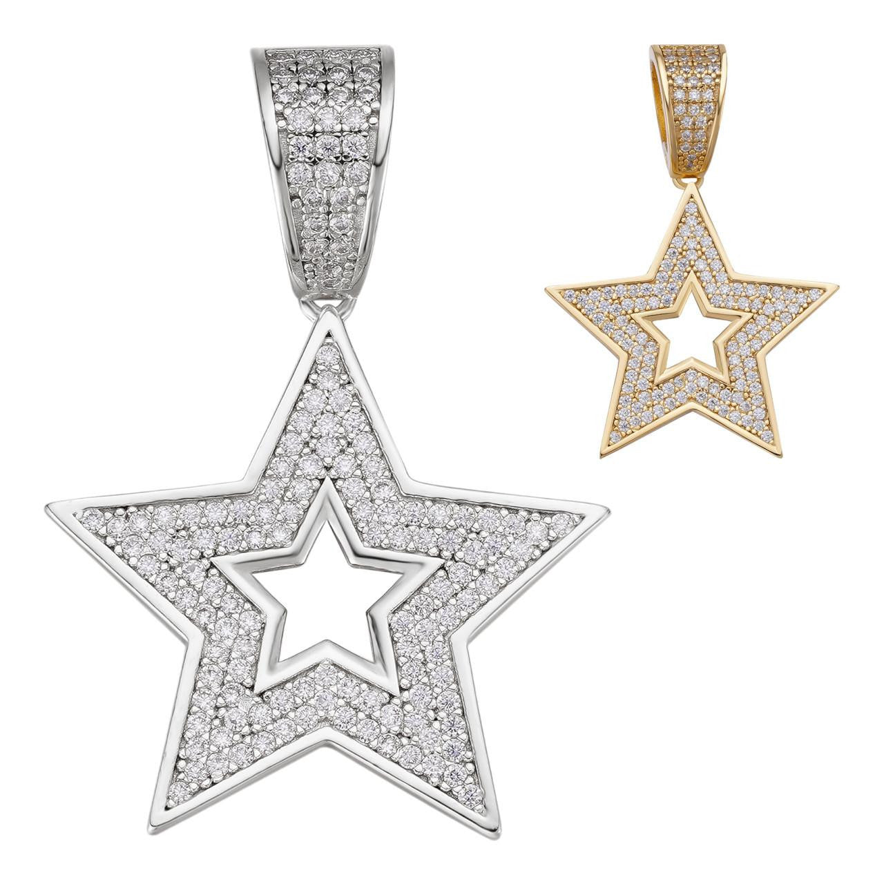 HarlemBling Super STAR Iced Out Pendant - 14k Gold Vermeil Or 925 Silver - CZ Stones - Small 1"