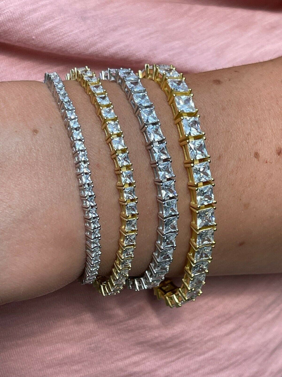 HarlemBling Tennis Bracelet Real 925 Sterling Silver Single Row Princess Square Iced Diamond