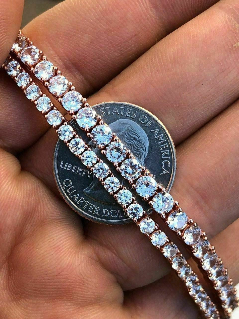 HarlemBling Tennis Chain 14k Rose Gold Over Real SOLID 925 Silver ICY Diamonds Mens Womens